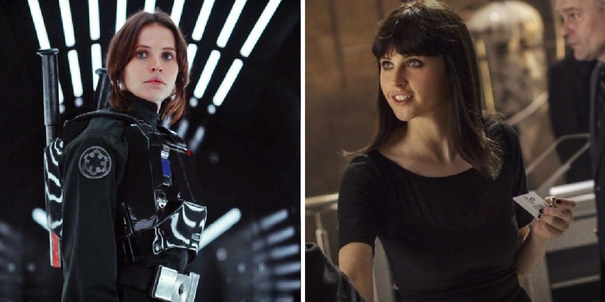 Felicity Jones as Jyn Erso in Star Wars Rogue One and Felicia Hardy in The Amazing Spider Man 2
