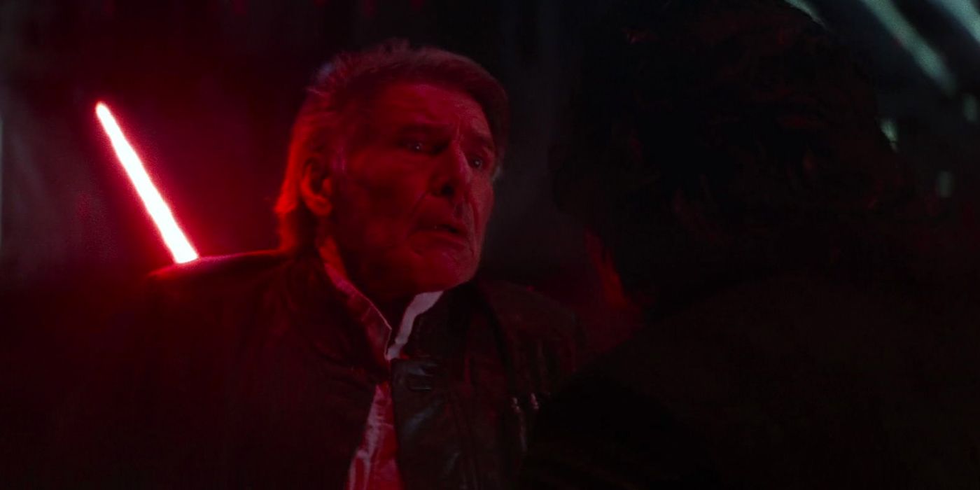 Han Solo is killed by his son Kylo Ren on Starkiller Base in The Force Awakens