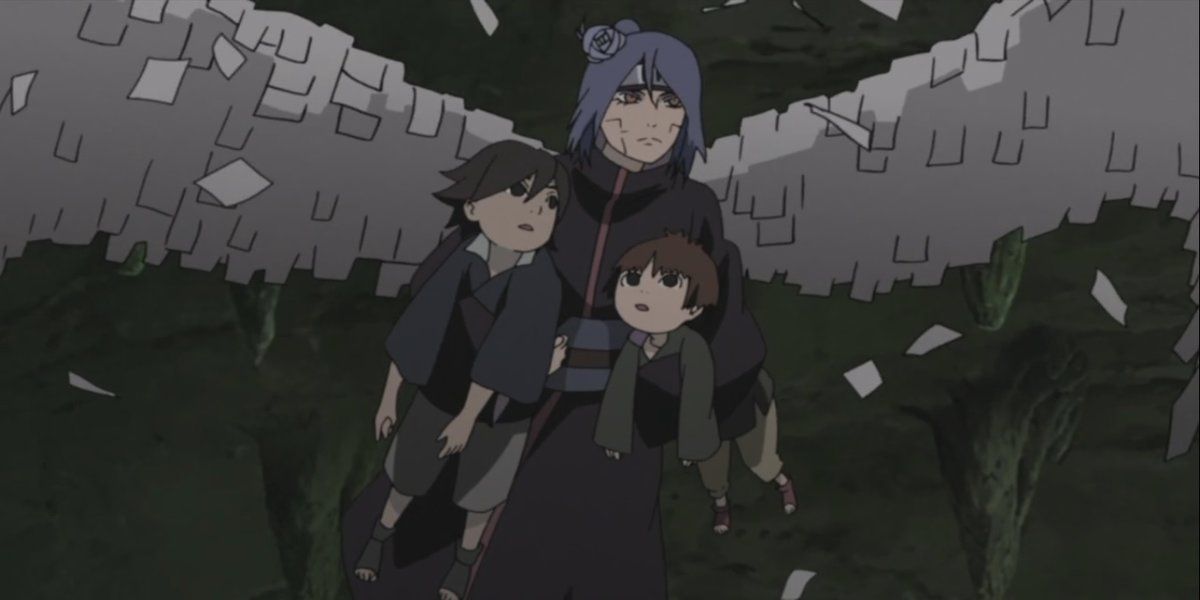 Konan flying upwards with two children in her arms in Naruto