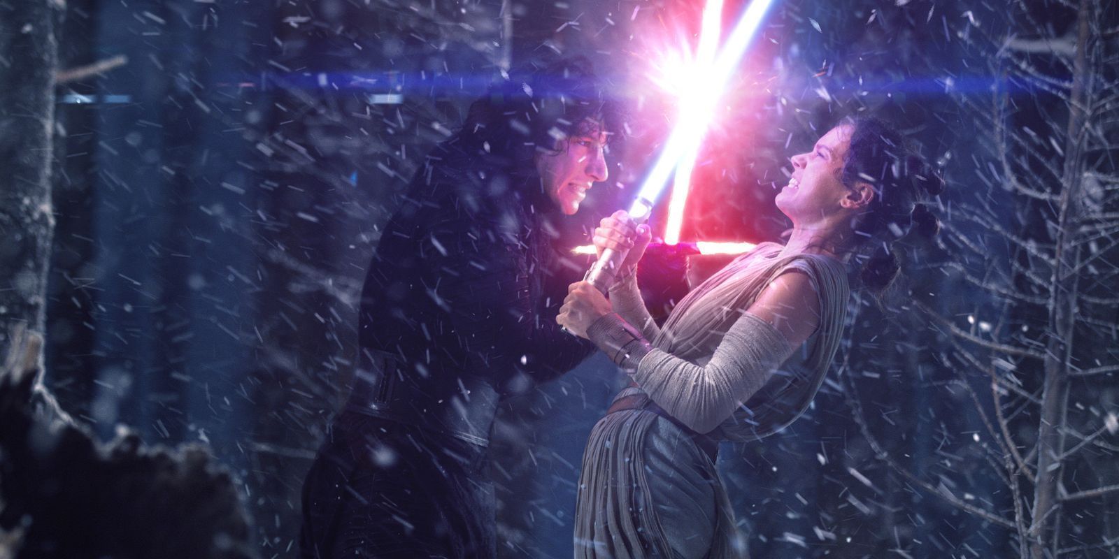 Kylo Ren and Rey battling with lightsabers in the snow in Star Wars