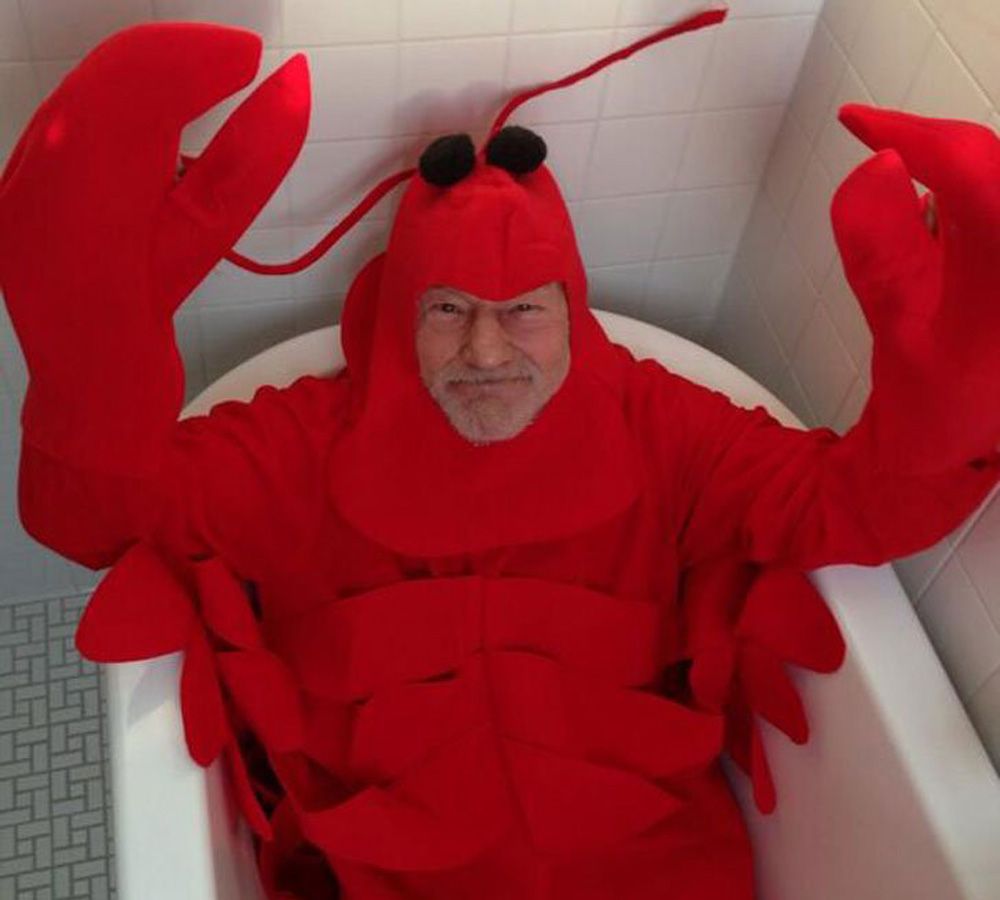 Patrick Stewart dressed as a lobster for Halloween