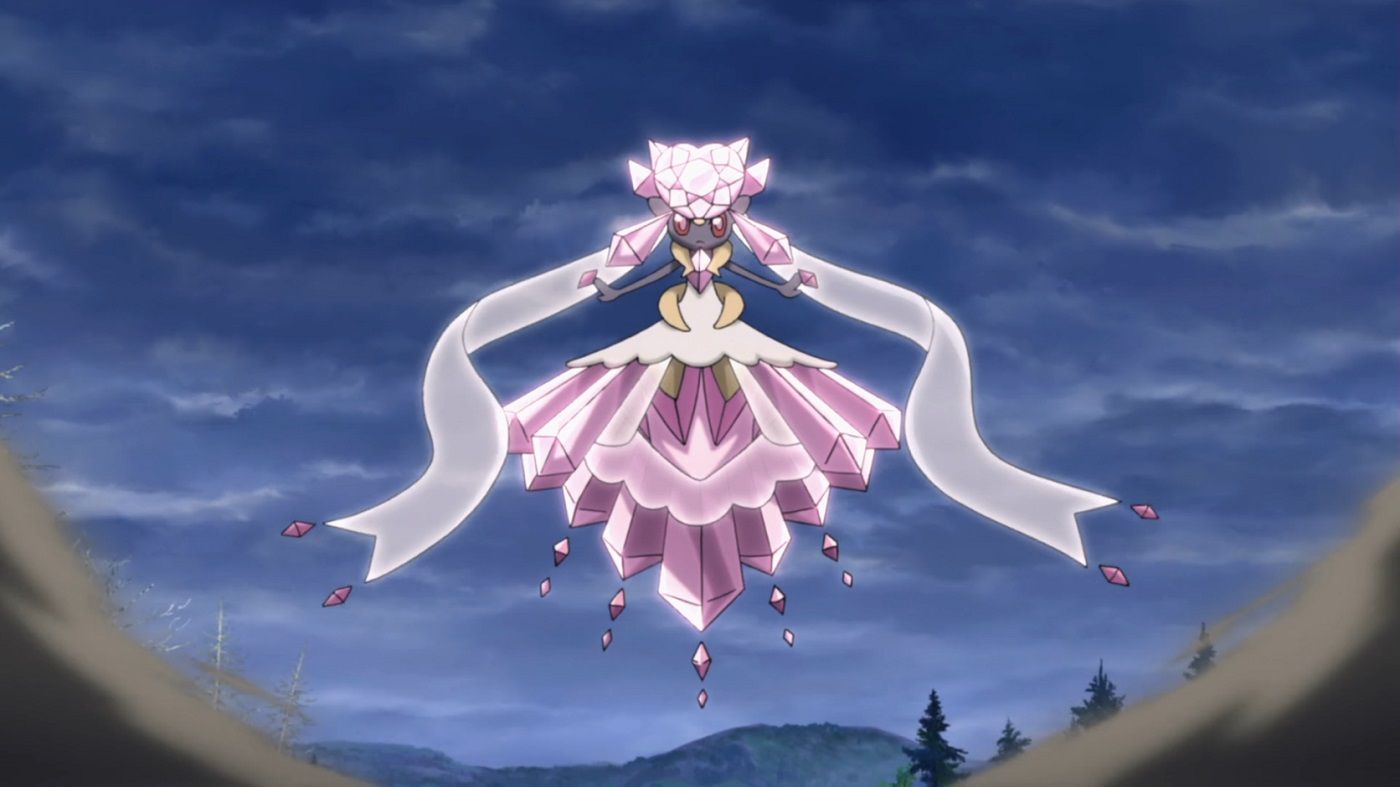 Mega Diancie floats in the air in Pokémon the Movie: Diancie and the Cocoon of Destruction