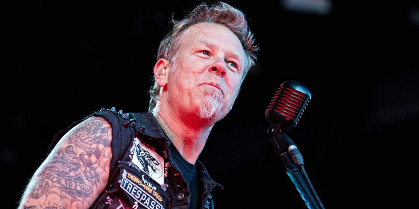 Metallica singer James Hetfield at microphone