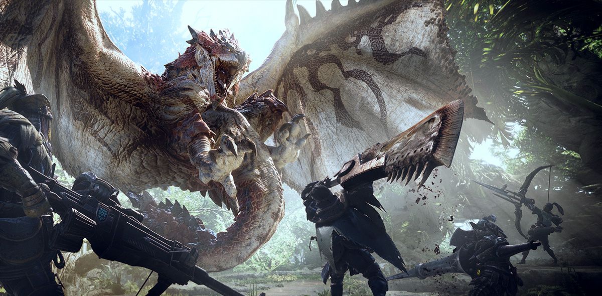 Several hunters wielding giant swords are fighting a giant Wyvern-like monster.