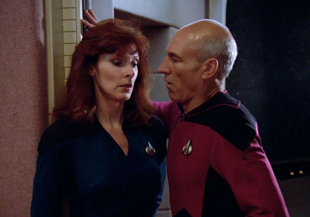 Captain Picard and Doctor Crusher in &quot;The Naked Now&quot;