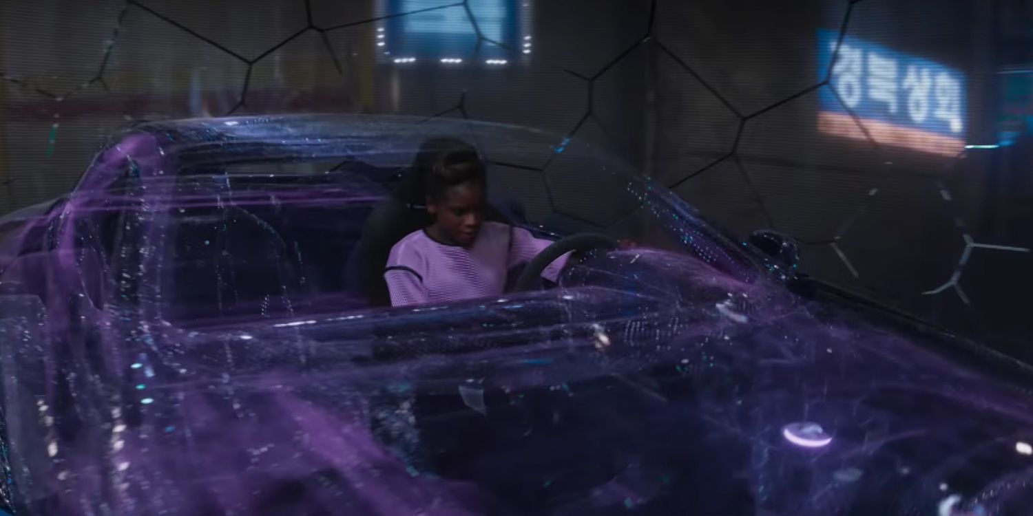 Shuri drives the hologram car in Black Panther
