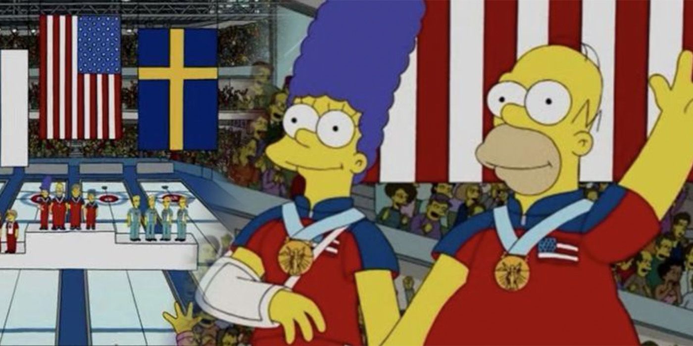 Marge wins a gold medal at the Winter Olympics in The Simpsons