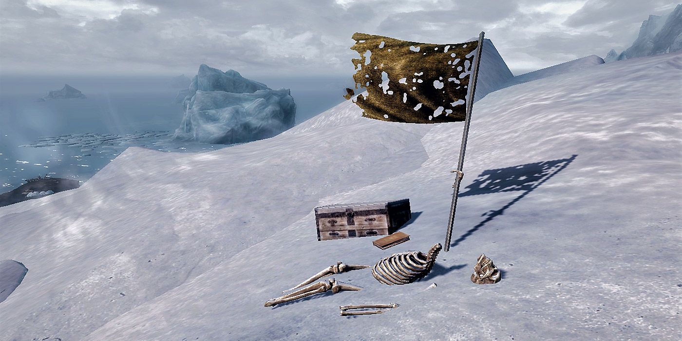 Skeletal remains on a mountaintop in Skyrim