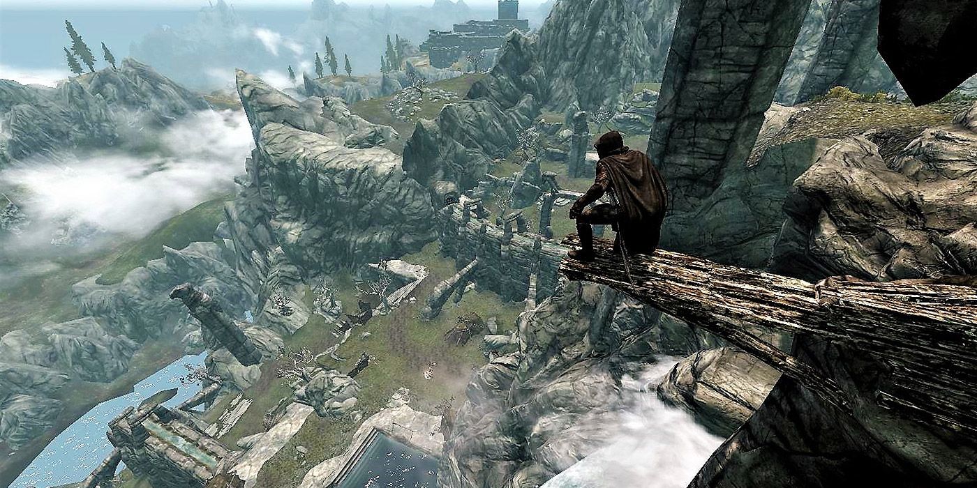 Wide shot of Bard's Leap Summit in Skyrim