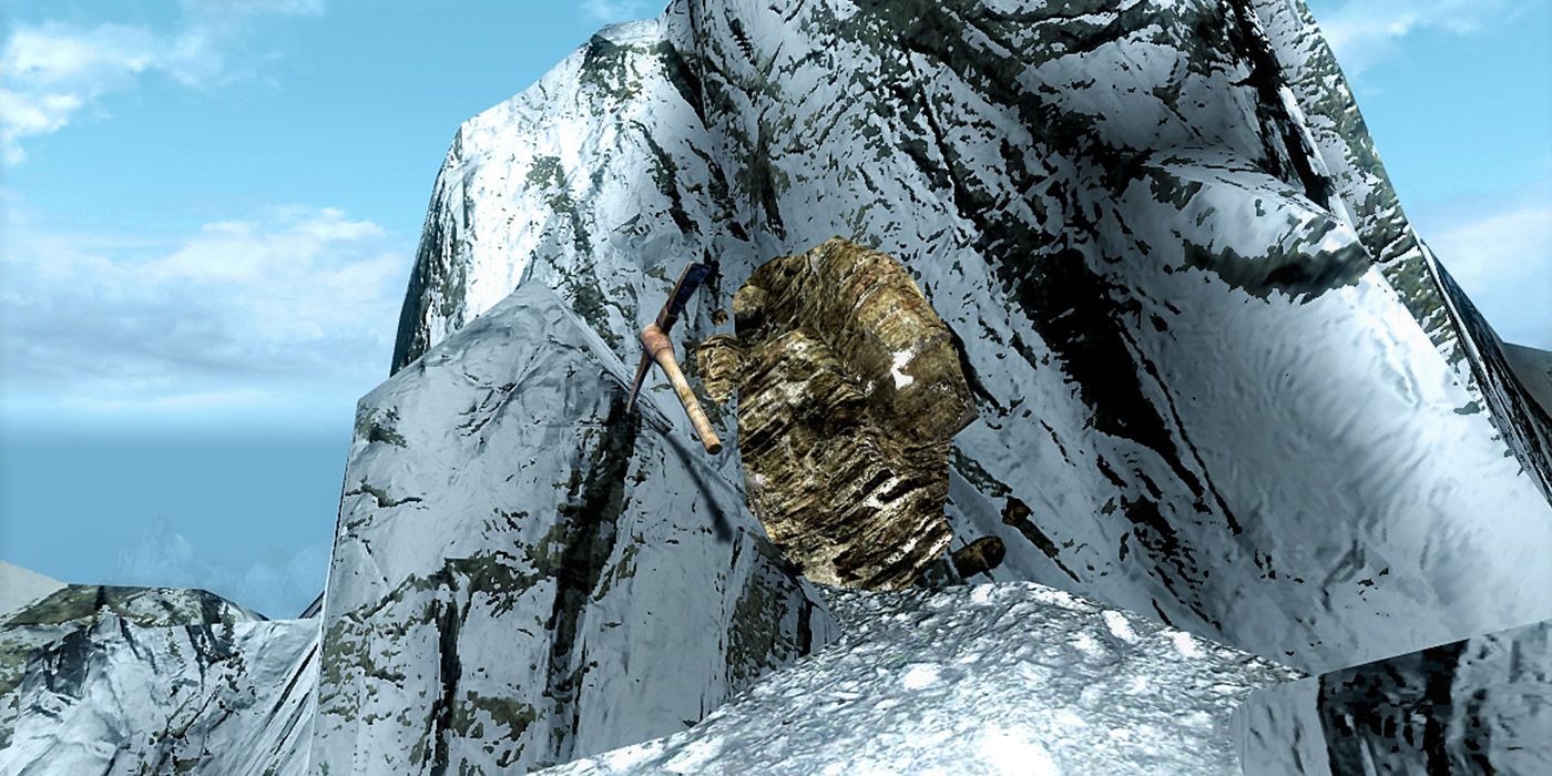 The Notched Pickaxe, a reference to Minecraft and its creator, stuck in a vein atop Skyrim's Throat of the World.
