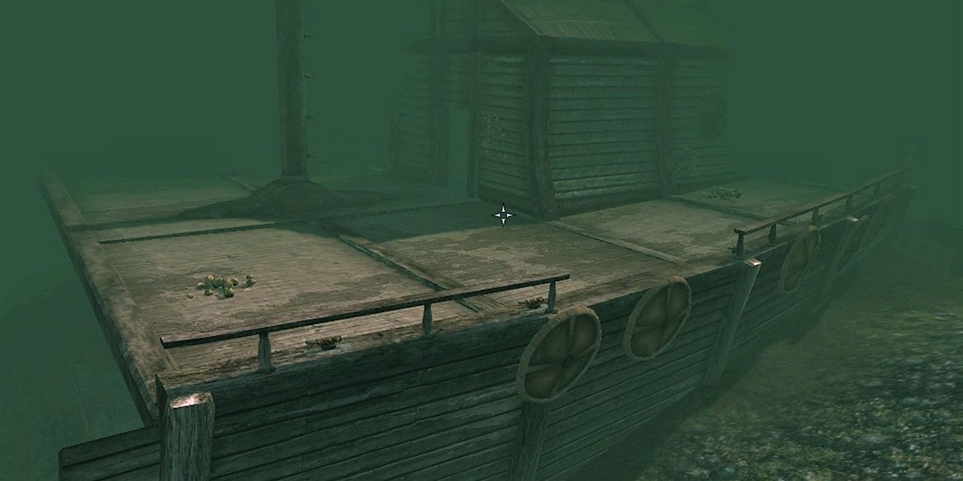 An underwater shipwreck in Skyrim