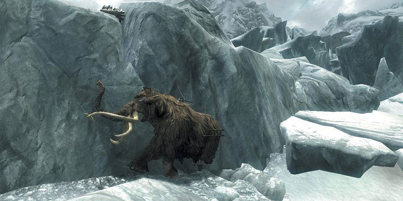 A mammoth frozen in a glacier in Skyrim