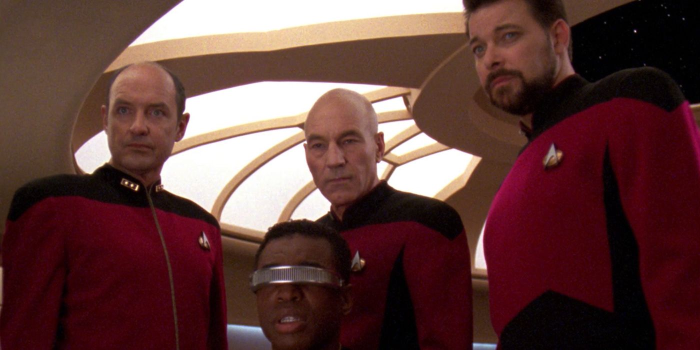 Riker, Picard, and an admiral look on from Star Trek The Next Generation 