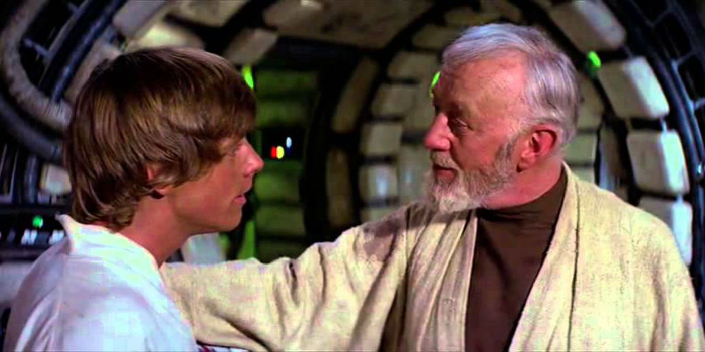 Mark Hamill como Luke Skywalker e Alex Guiness como Obi-Wan Kenobi falando dentro de uma nave em Star Wars