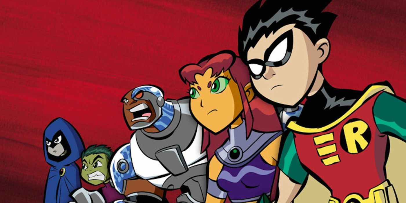 The animated Teen Titans against a red background