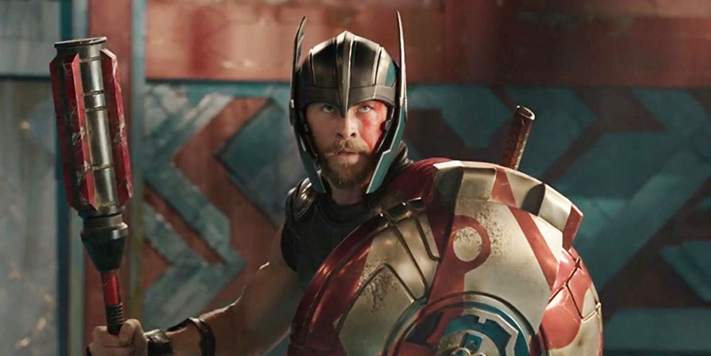 Thor braces himself with a shield in Thor: Ragnarok