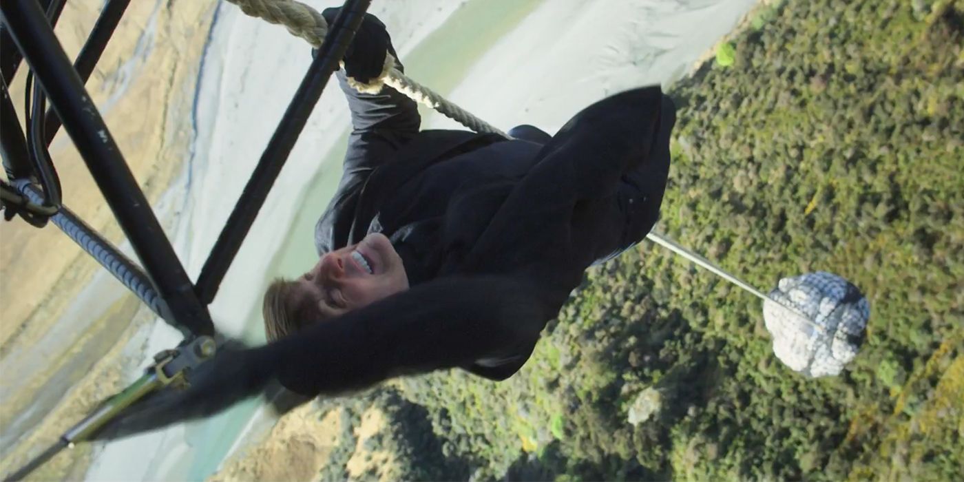 Tom Cruise hanging from helicopter in Mission Impossible Fallout