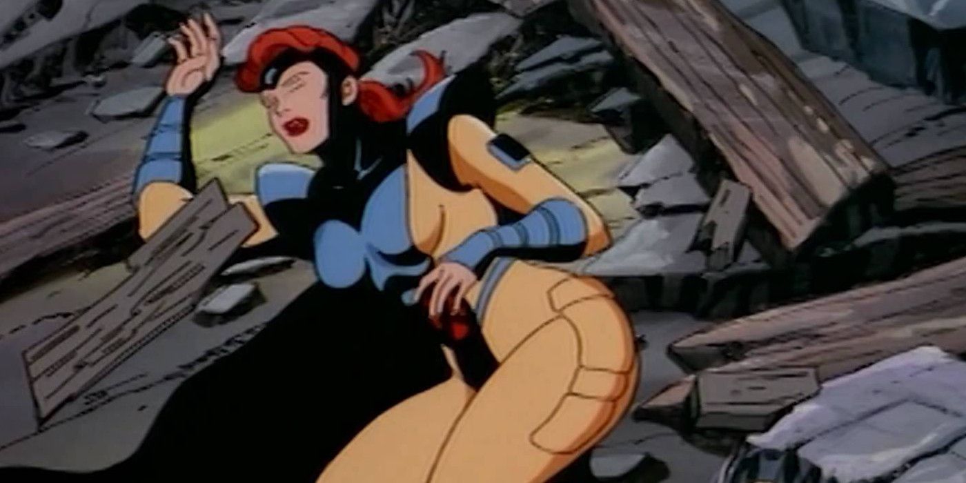 Jean Grey deitada em uma pilha de escombros em X-Men: The Animated Series
