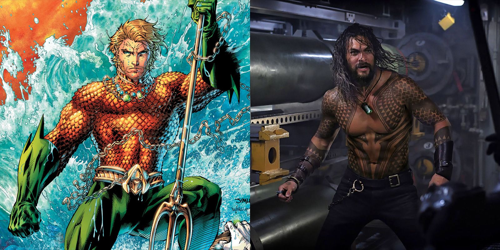 Jason Momoa as Aquaman, and Aquaman in his classic comic costume