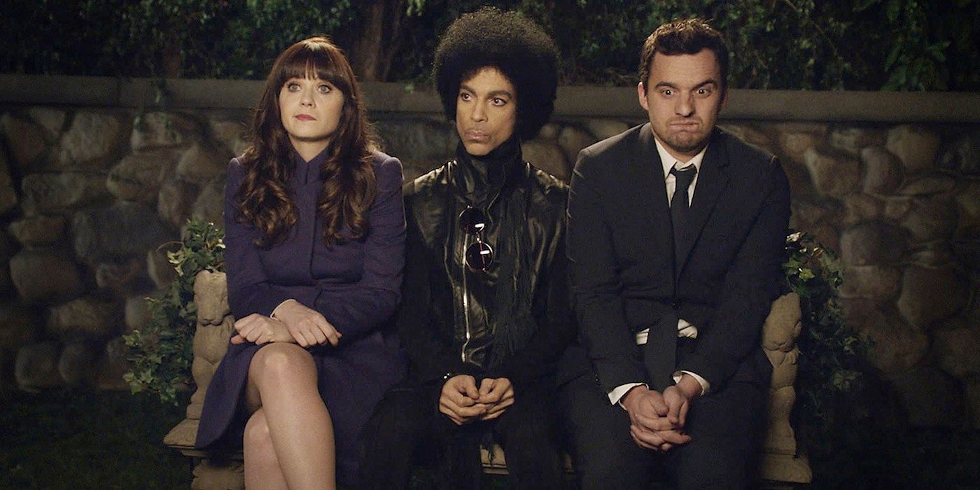 Jess and Nick sit on either side of the musician Prince in New Girl
