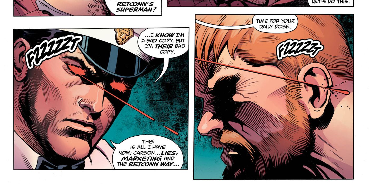 Superman as MilkMan Man tortures Cave Carson