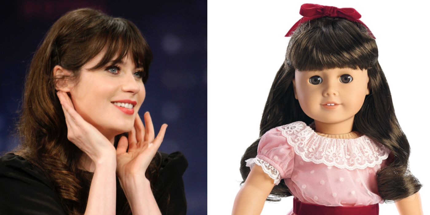 Split image of Zooey Deschanel and an American Girl doll 