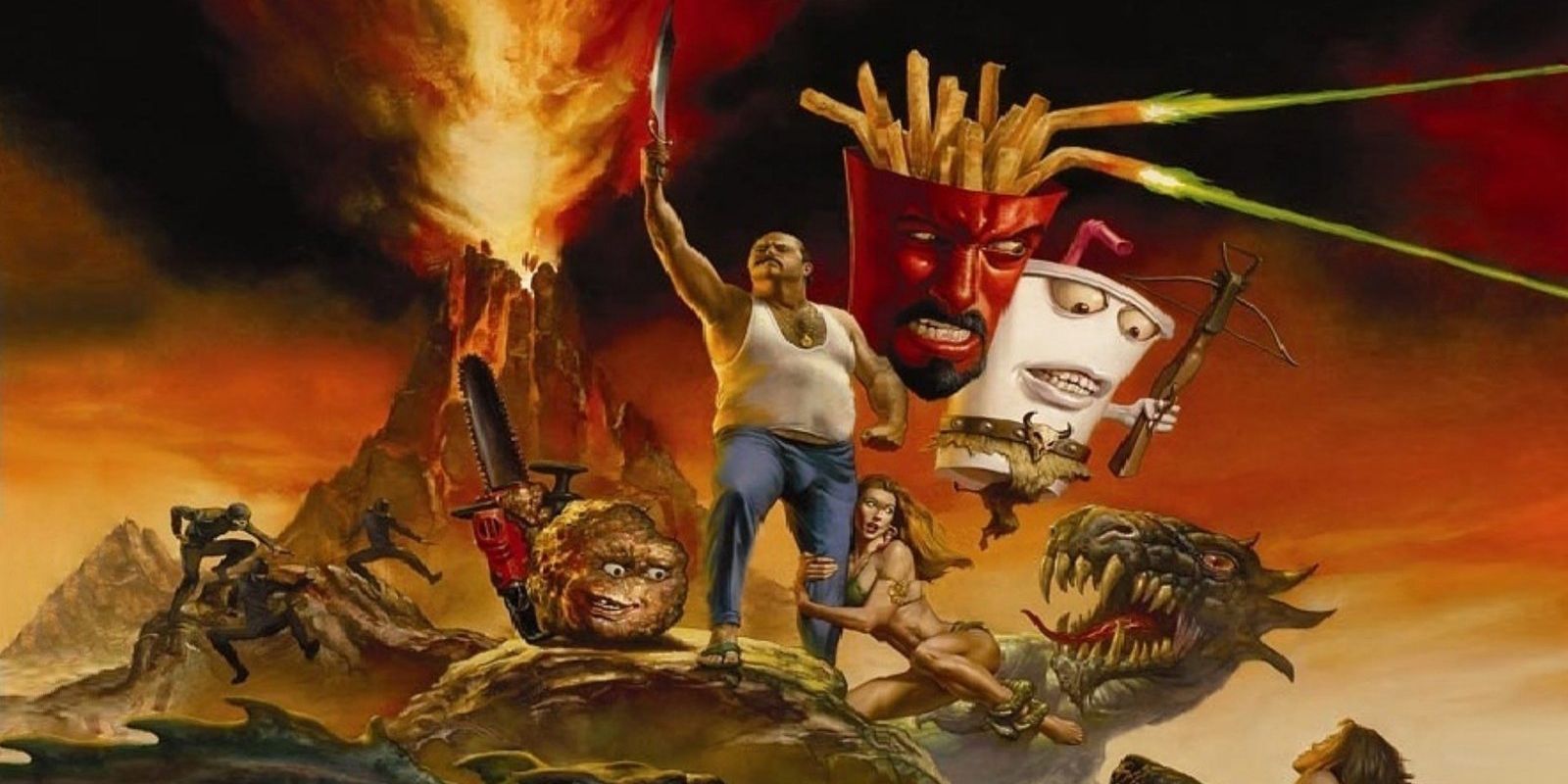 A group huddles up including an angry fry and soda in Aqua Teen Hunger Force