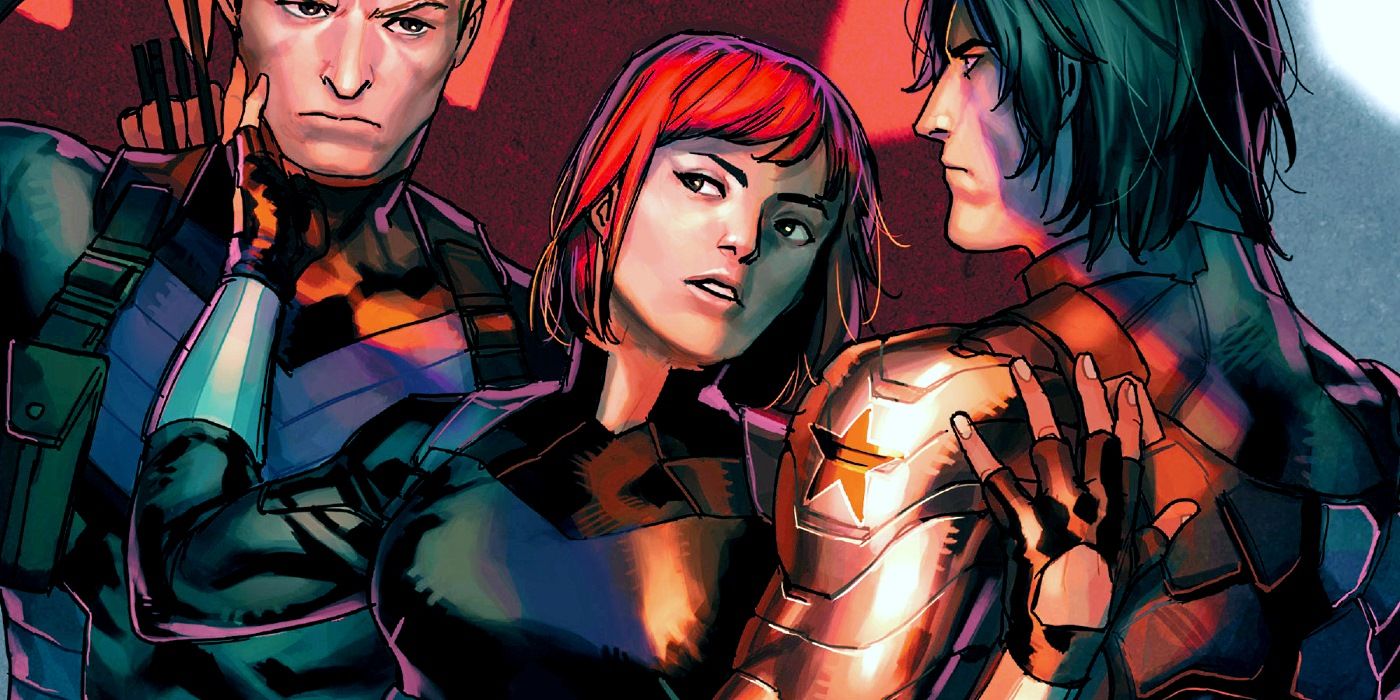 Black Widow touching Bucky and Hawkeye in Marvel Comics
