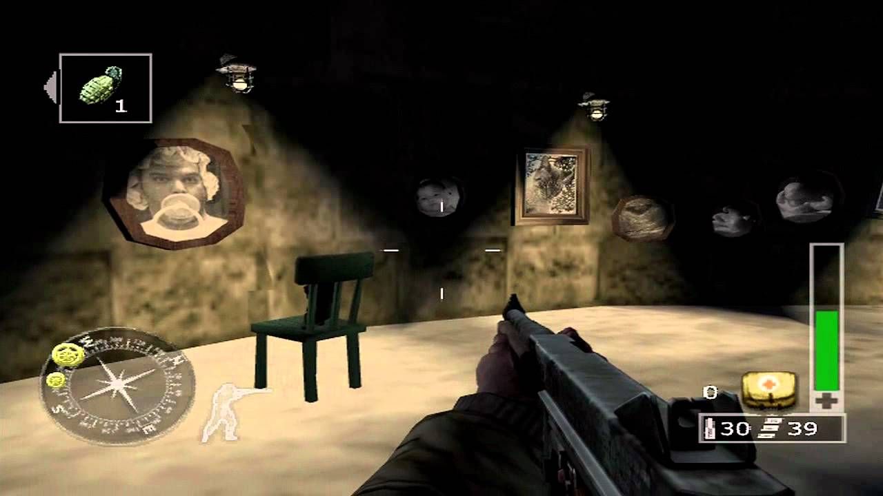 A soldier carries his gun through a dark room in Call of Duty: Finest Hour.