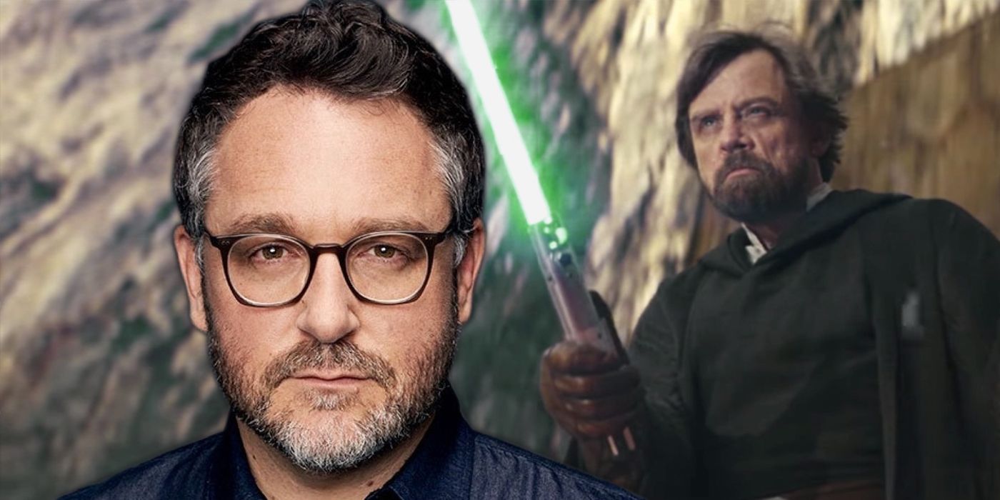 Colin Trevorrow and Luke Skywalker with a Green lightsaber