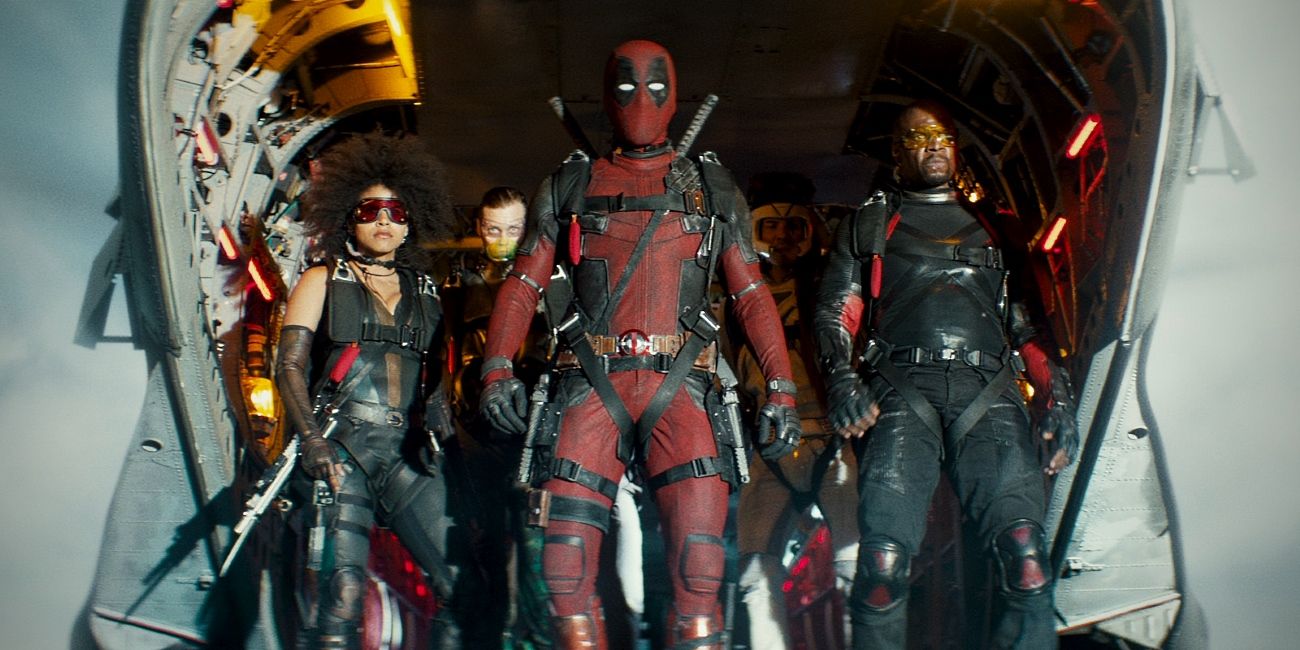 Deadpool and the X-Force team prepare to jump out of a plane in Deadpool 2
