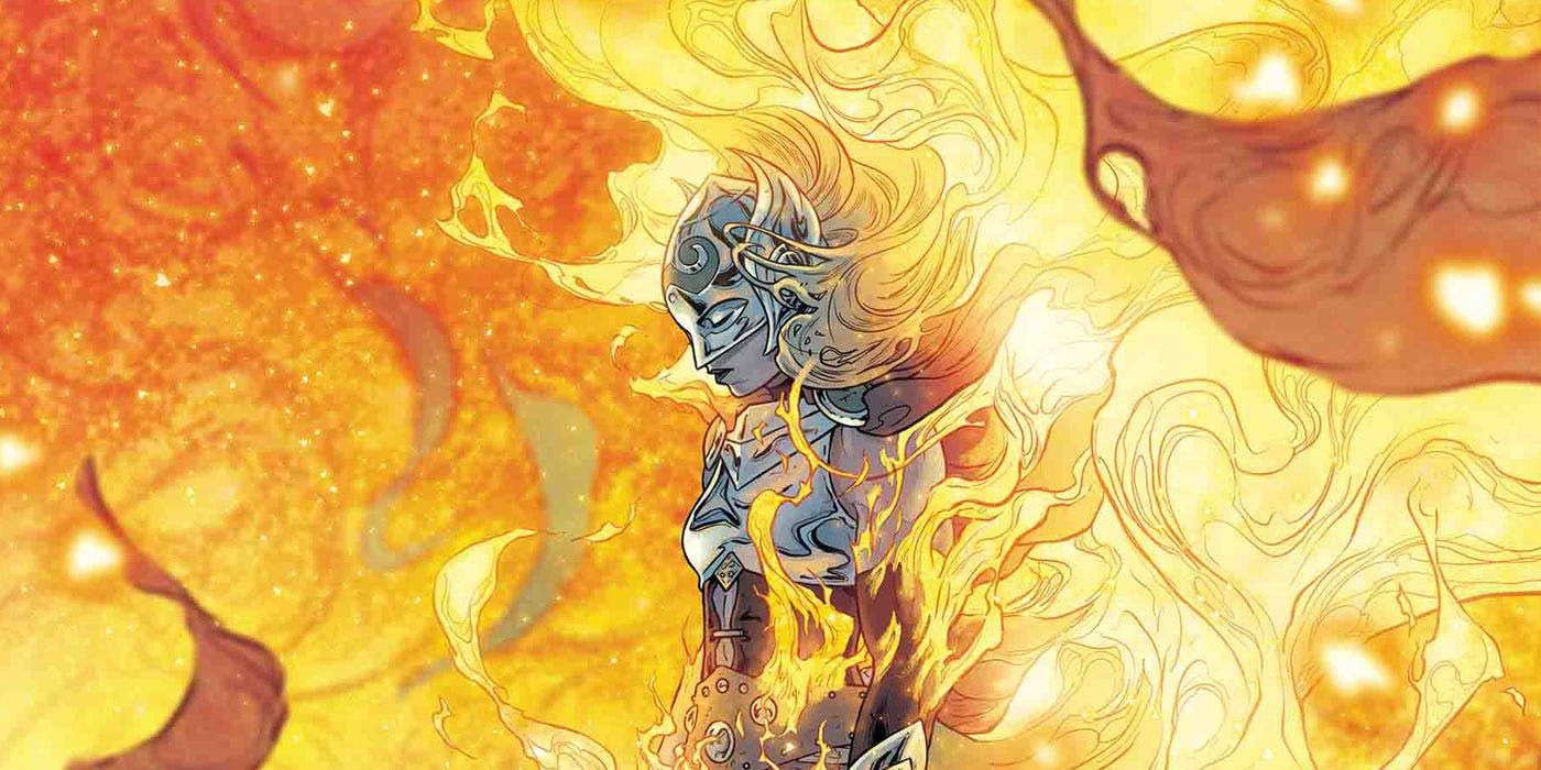 Jane Foster standing against a fire on the cover of The Mighty Thor