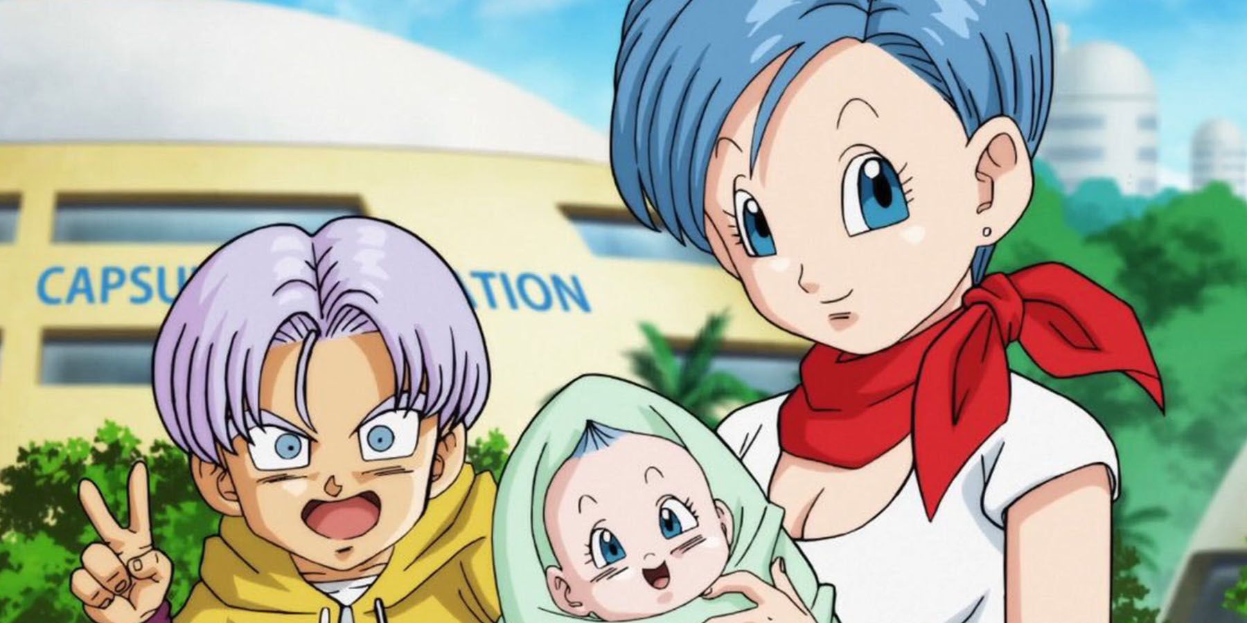 Bulma carries baby Bulla while Trunk does a peace sign