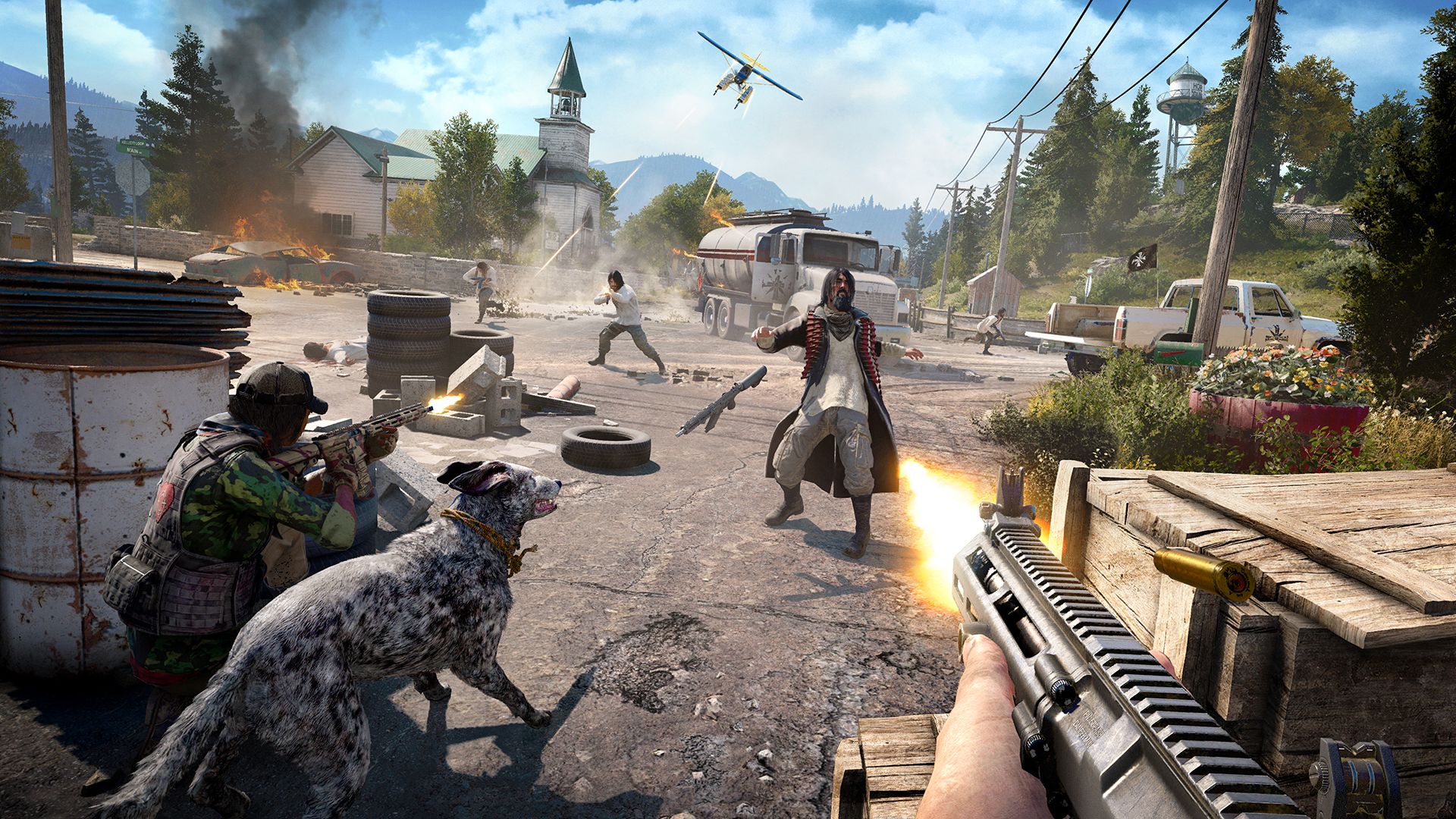 Far Cry 5 player using machine gun in combat