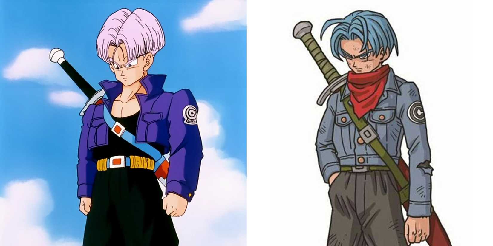 Purple hair and blue hair trunks side by side