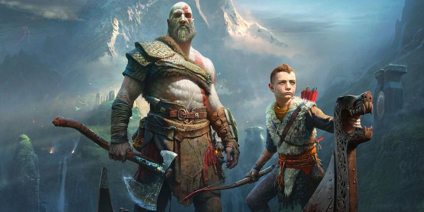 Kratos and his son survey the landscape in God of War 