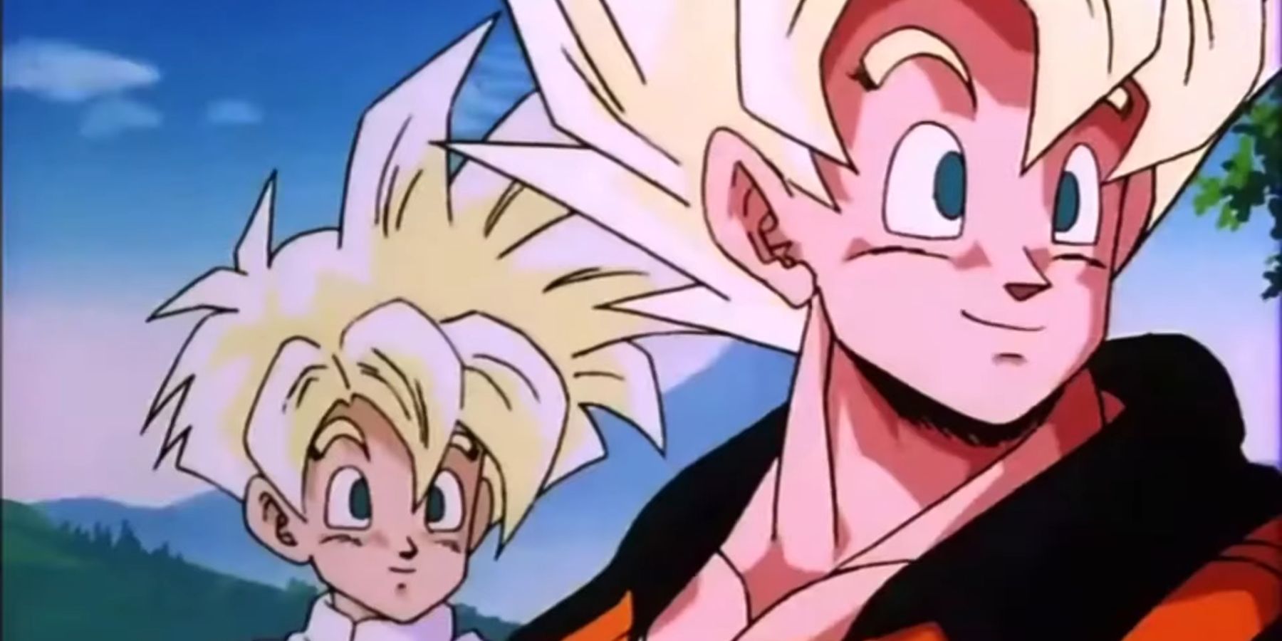 Goku and Gohan relaxing in their Super Saiyan Full Power forms in Dragon Ball Z