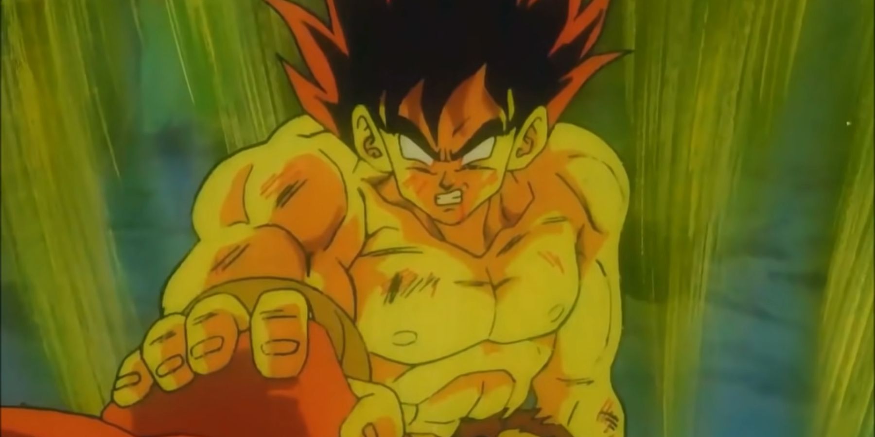 Goku catching Lord Slug's fist while in False Super Saiyan form in Dragon Ball Z Lord Slug