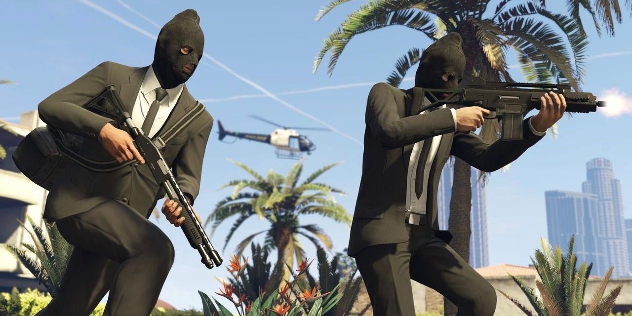 Two men in suits and balaclavas in a gun fight