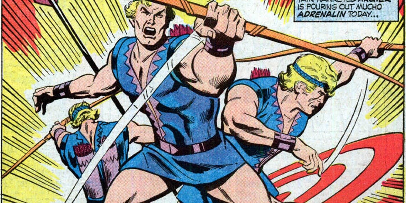 Hawkeye fights in his 70s tunic costume in Marvel Comics.