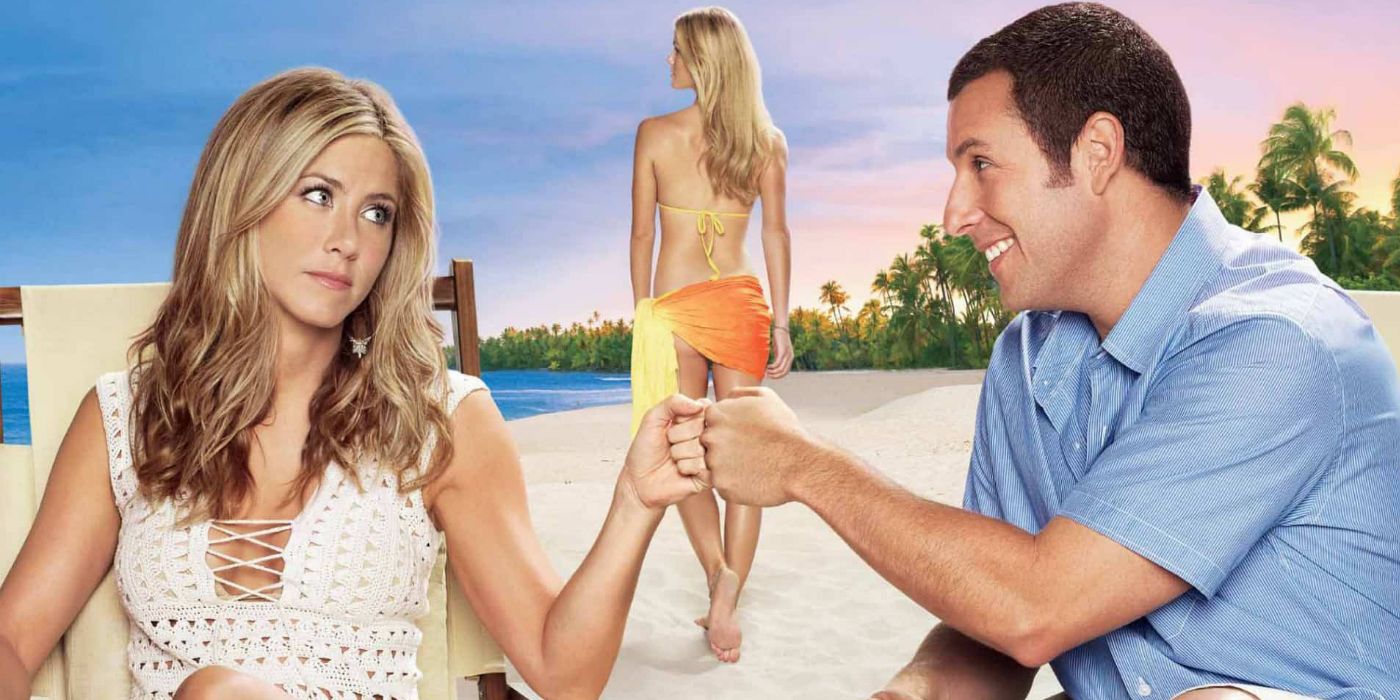 Jennifer Aniston and Adam Sandler fist-bumping on the poster for Just Go With It