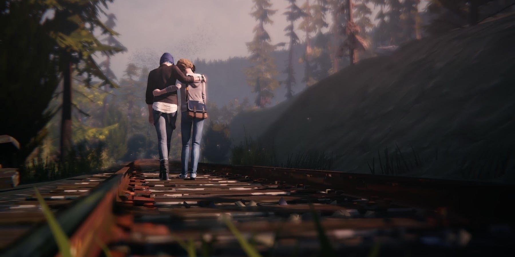 Chloe and Max walking on train tracks while embracing in Life is Strange.