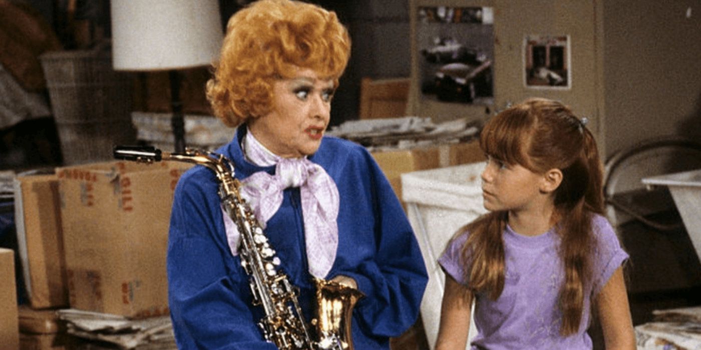 Lucille Ball in Life with Lucy holding a saxophone
