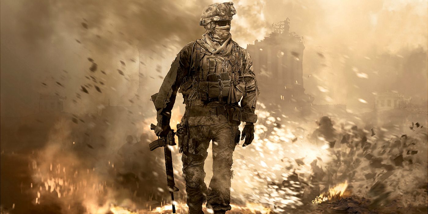 Call of Duty Modern Warfare 2 art with a soldier walking through fire