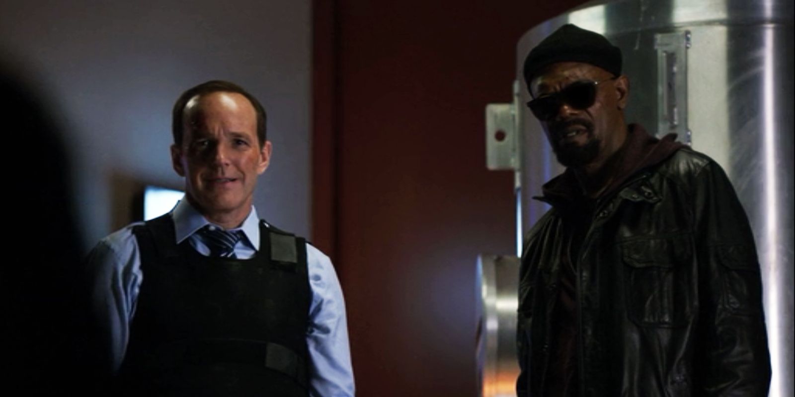Nick Fury and Agent Coulson stand together in Agents of S.H.I.E.L.D.