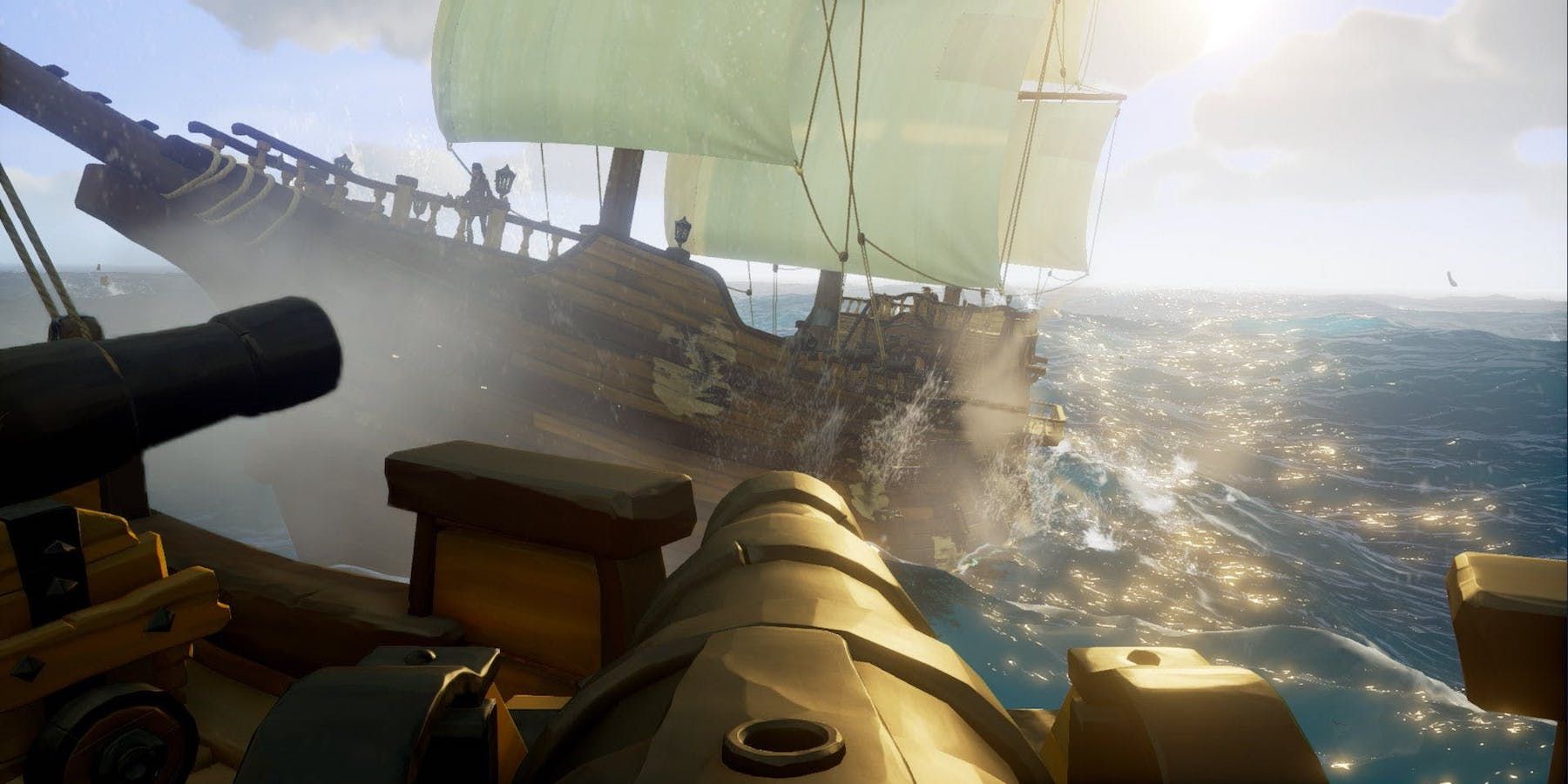 A cannon fires at another ship in Sea of ​​Thieves 