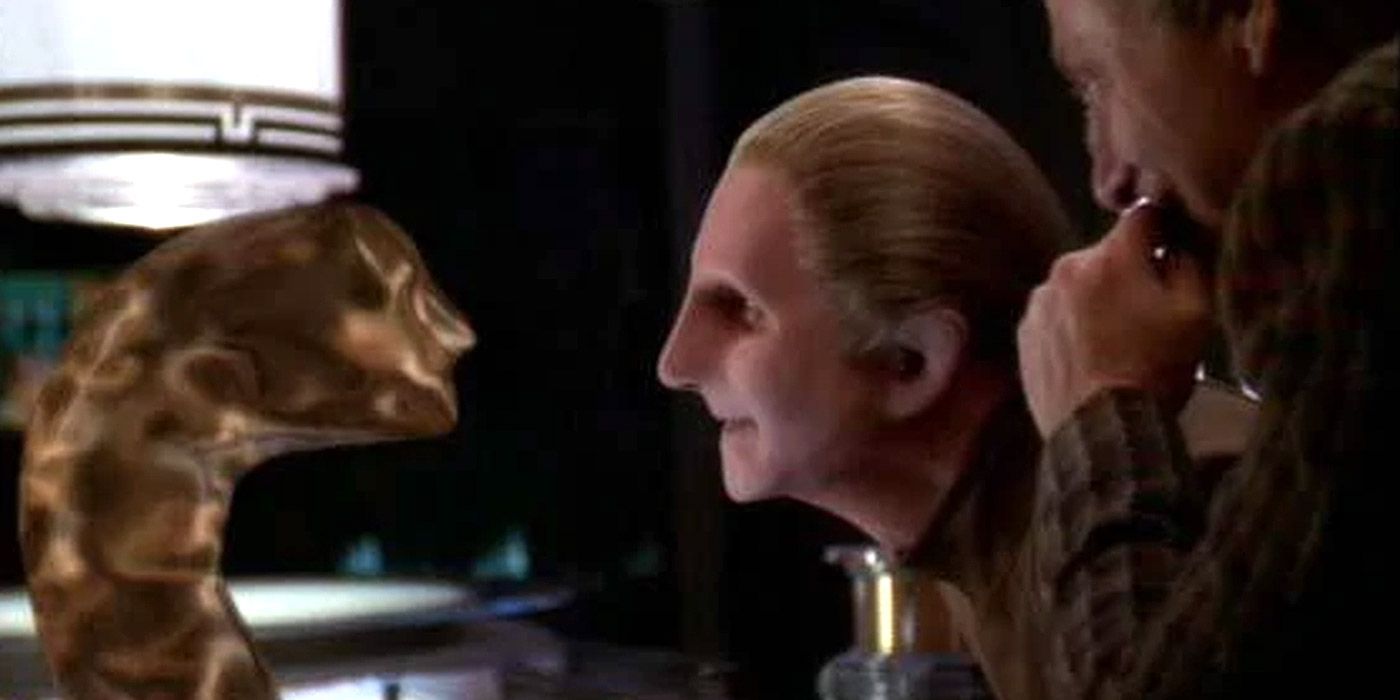 Odo greets another Changeling in Star Trek: Deep Space Nine
