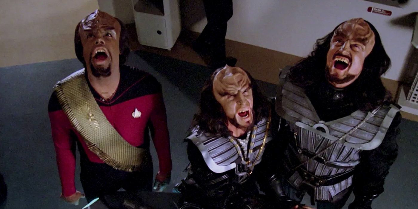 Worf and two Klingons undergo a death ritual in Star Trek: The Next Generation