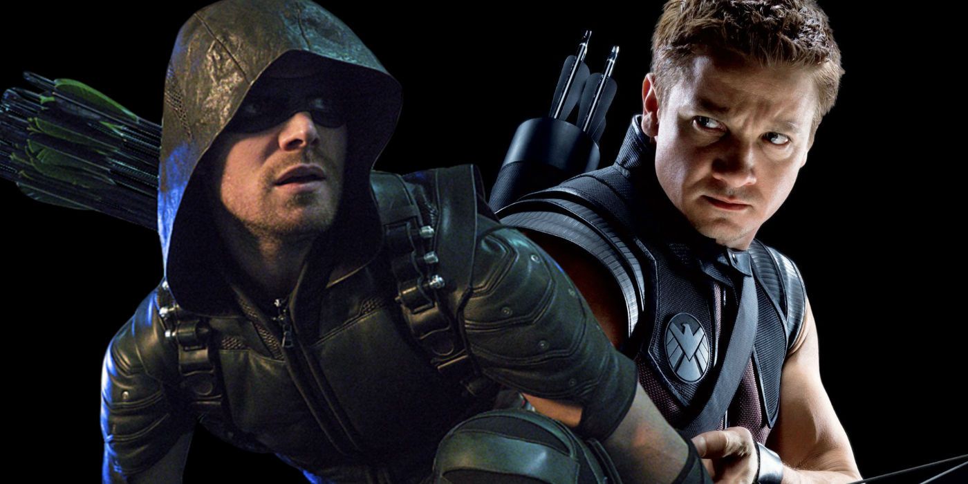 Stephen Amell as Green Arrow and Jeremy Renner as Hawkeye