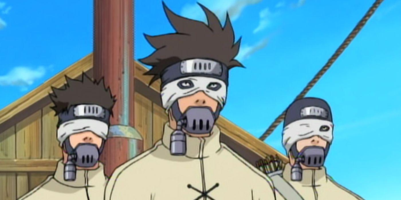 Team Oboro stands aboard a ship with their breathing pieces in place in Naruto